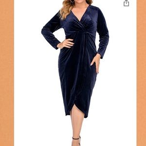 Dark Blue Velvet Faux Wrap Dress